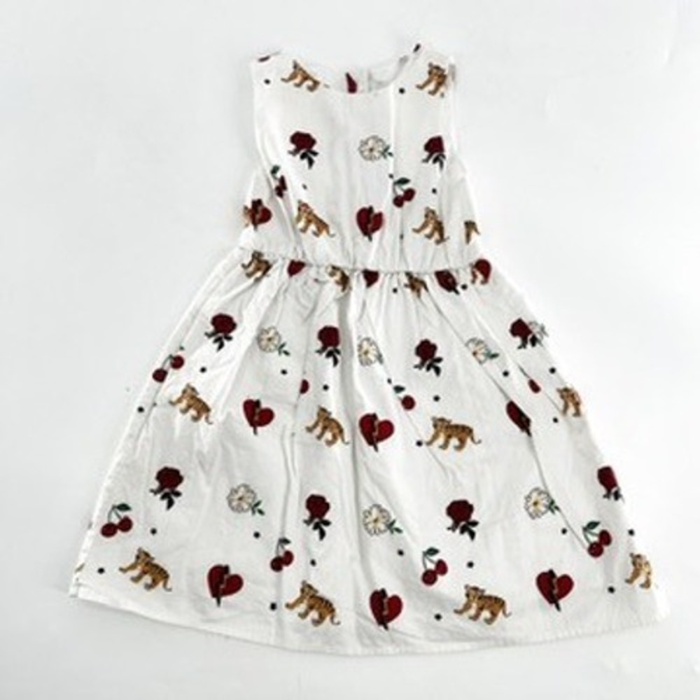 zara Girls White Sleeveless Dress Tiger Rose‎ Cherry Print A-Line Casual